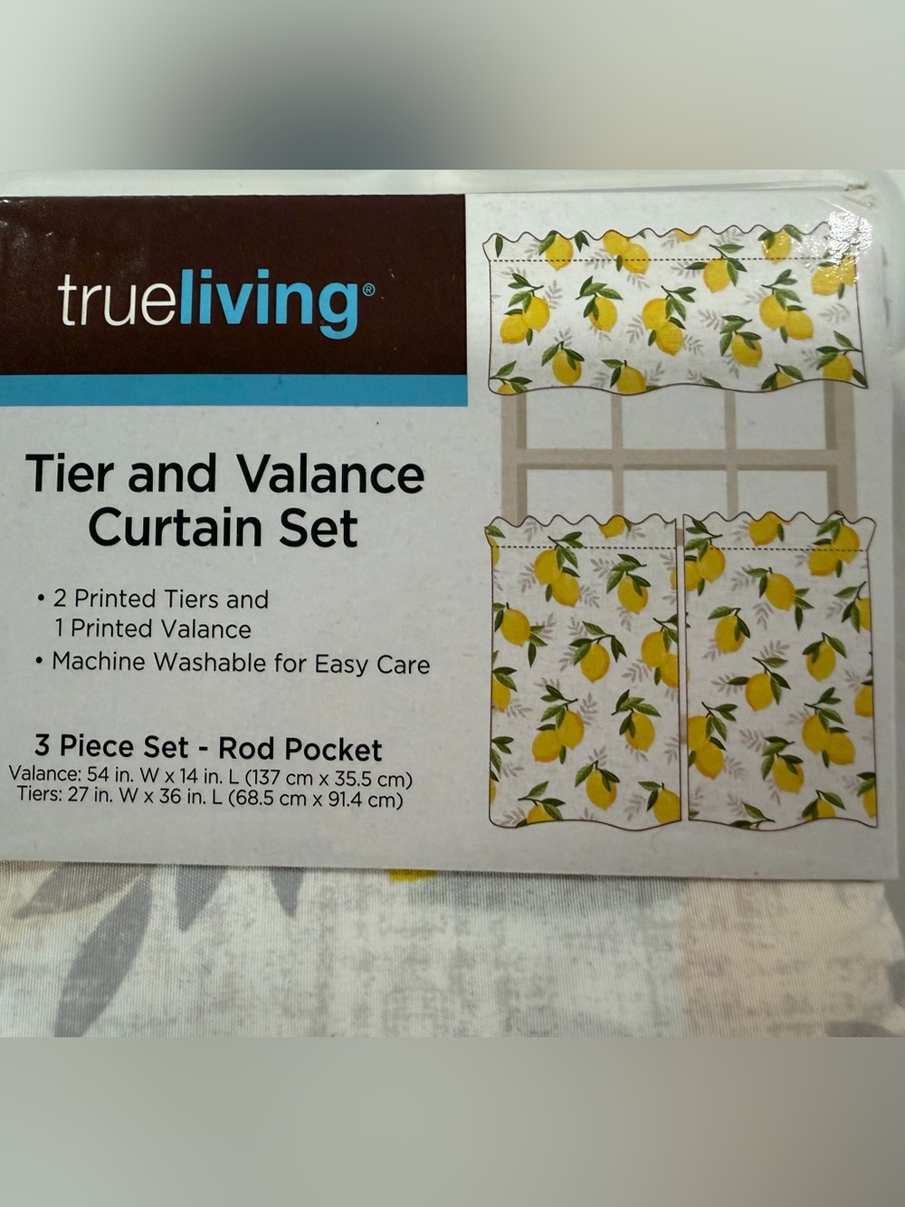NWT True Living Lemon Print Tier and Valance Curtain Set - Yellow/Green/White